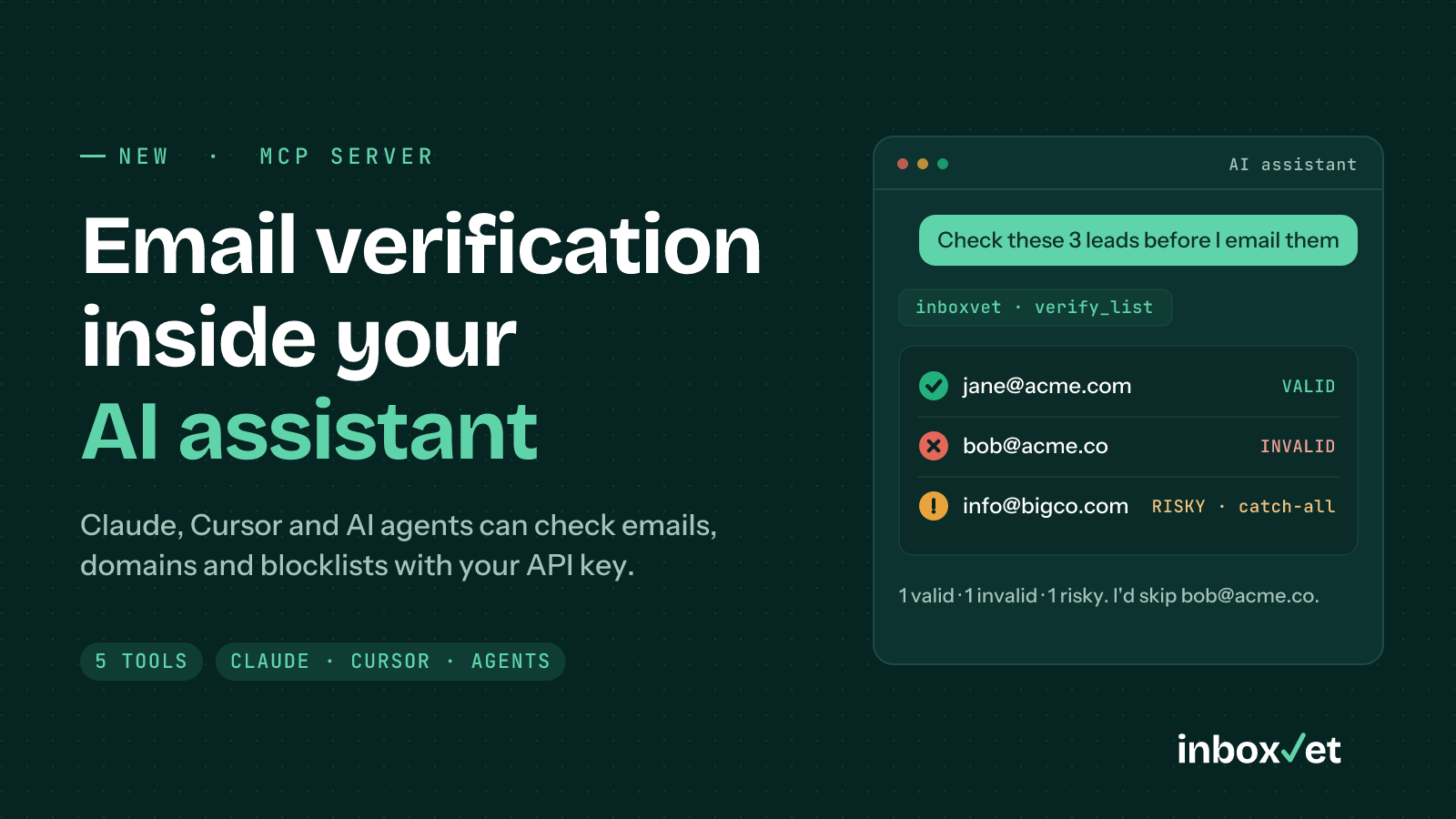 InboxVet MCP Server: Verify Emails From Claude, Cursor and AI Agents